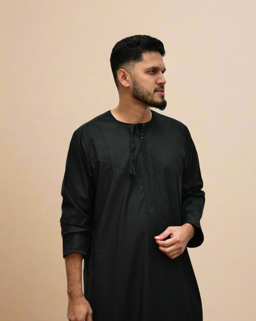 Classic Omani Style Thobe – Black with Black Tassel