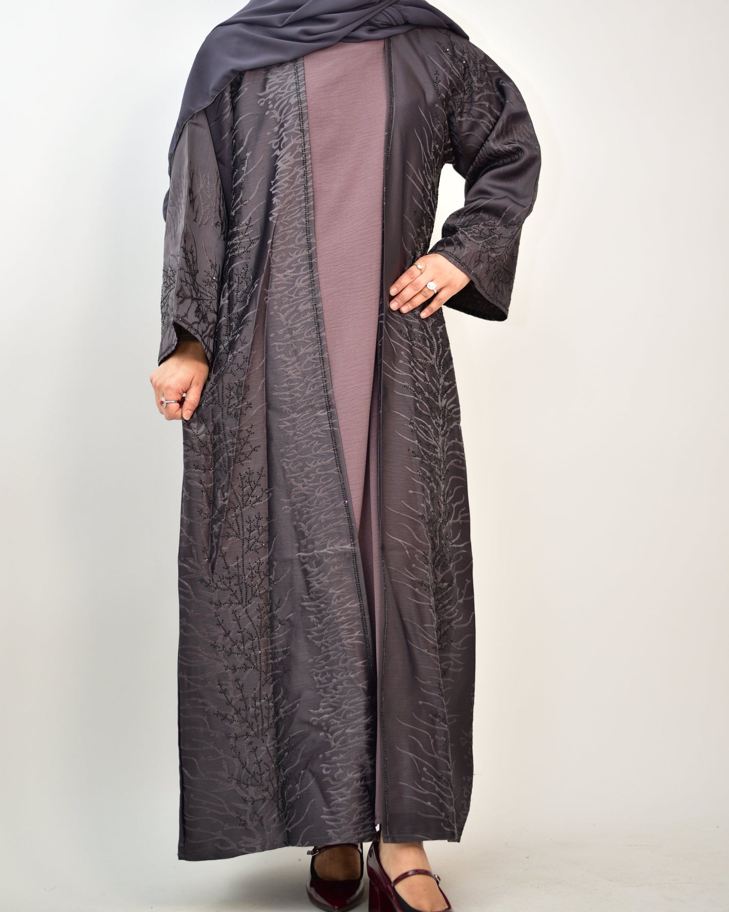 Light Purple Jacquard Abaya – 3-Piece Set