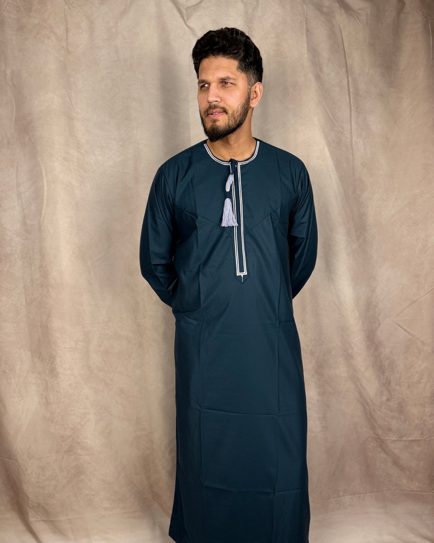 Classic Omani Style Thobe – Green with Black Tassel