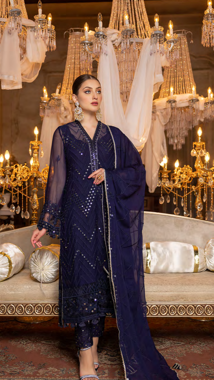Navy Blue – Embroidered Chiffon by Merakish