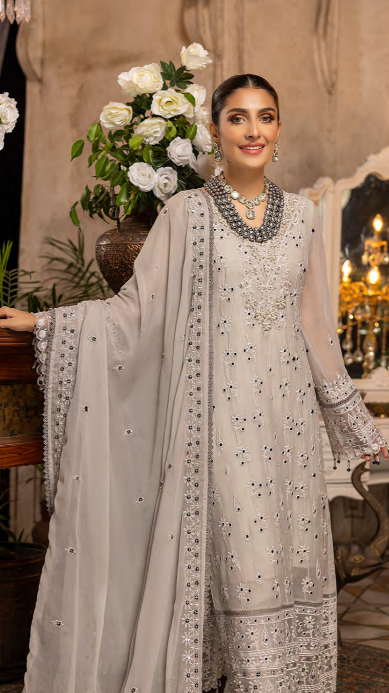 Cloud Gray – Embroidered Chiffon by Merakish