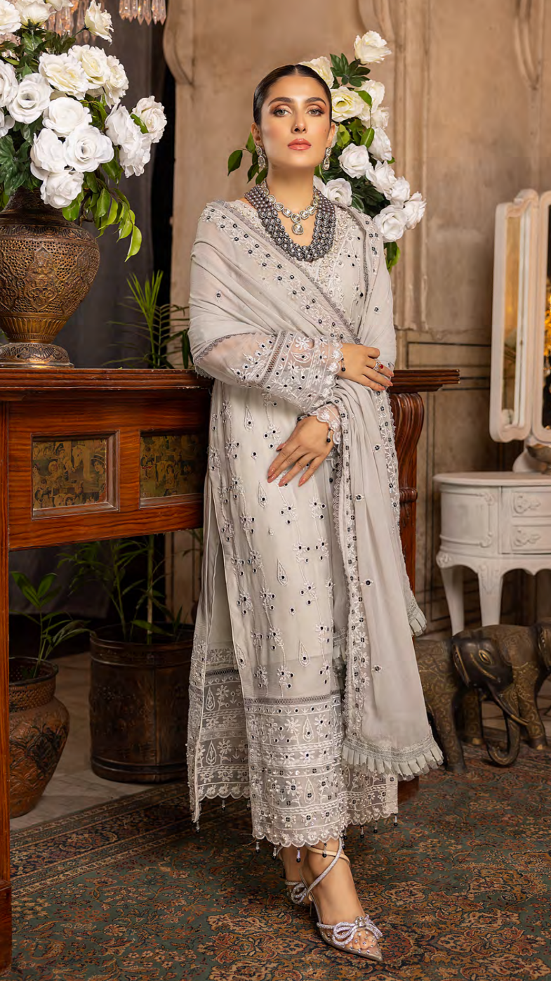 Cloud Gray – Embroidered Chiffon by Merakish