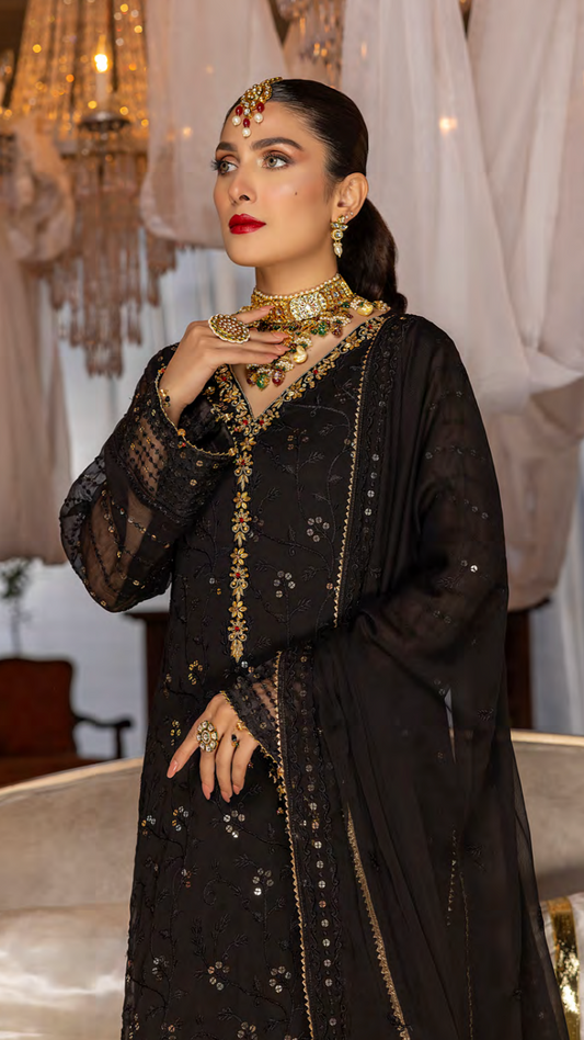 Black Orchid Embroidered Chiffon by Merakish