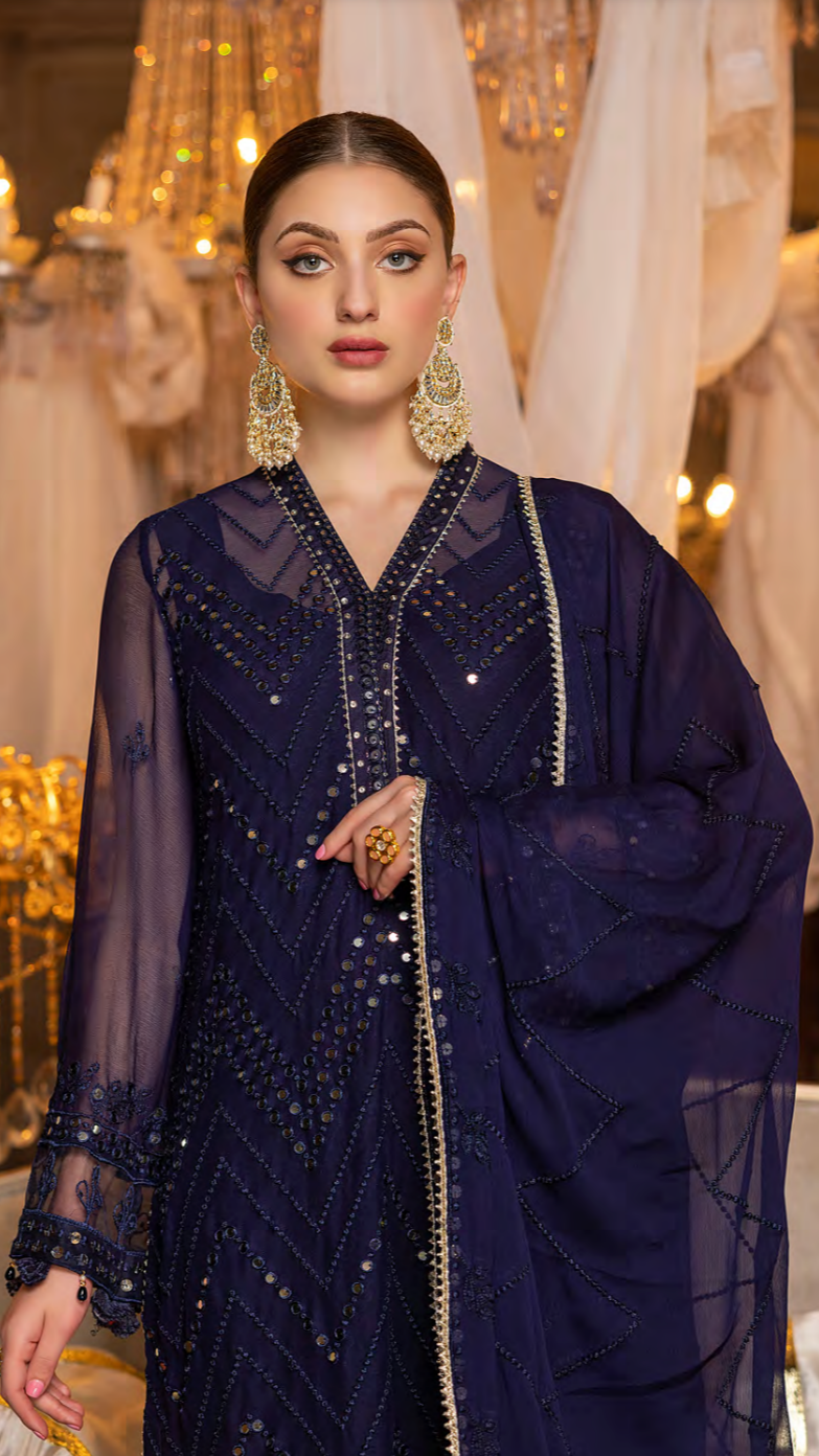 Navy Blue – Embroidered Chiffon by Merakish